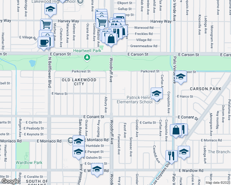 map of restaurants, bars, coffee shops, grocery stores, and more near 5921 Cypress Point Avenue in Long Beach