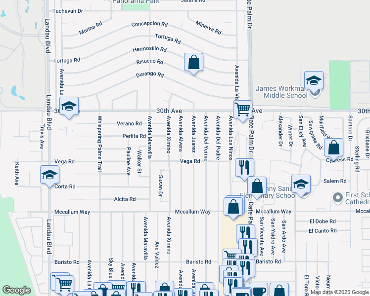 map of restaurants, bars, coffee shops, grocery stores, and more near 30376 Avenida Alvera in Cathedral City