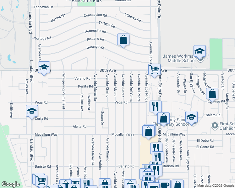 map of restaurants, bars, coffee shops, grocery stores, and more near 30376 Avenida Alvera in Cathedral City