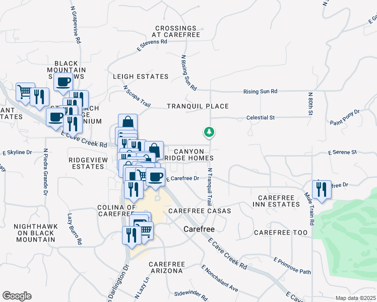 map of restaurants, bars, coffee shops, grocery stores, and more near 7450 East Sundance Trail in Cave Creek