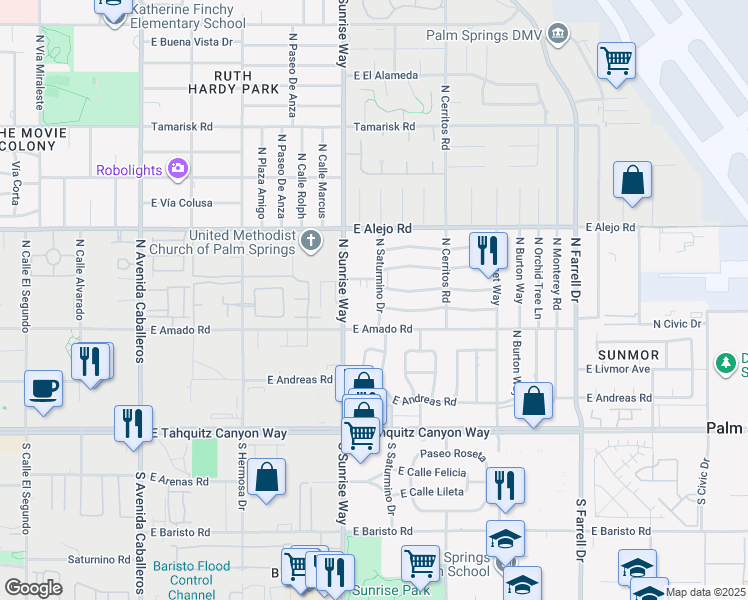 map of restaurants, bars, coffee shops, grocery stores, and more near 380 North Sunrise Way in Palm Springs