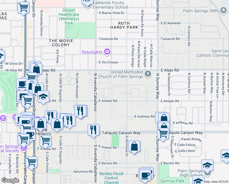 map of restaurants, bars, coffee shops, grocery stores, and more near 428 Suave Lane in Palm Springs