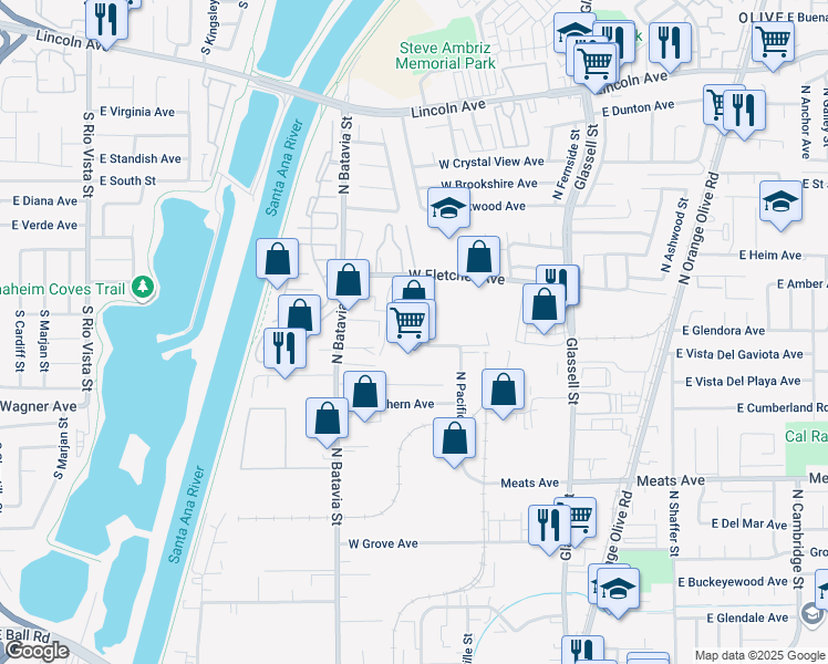 map of restaurants, bars, coffee shops, grocery stores, and more near 2390 N American Way in Orange