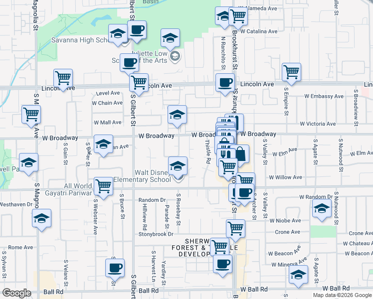 map of restaurants, bars, coffee shops, grocery stores, and more near 9291 Greenwich Lane in Anaheim