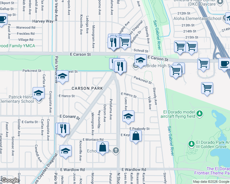 map of restaurants, bars, coffee shops, grocery stores, and more near 3903 North Studebaker Road in Long Beach