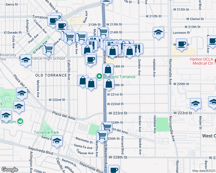 map of restaurants, bars, coffee shops, grocery stores, and more near 1643 West 220th Street in Torrance