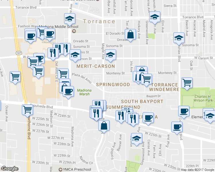 map of restaurants, bars, coffee shops, grocery stores, and more near 2971 Plaza del Amo in Torrance