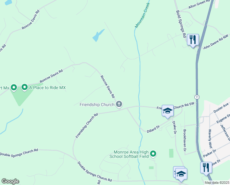 map of restaurants, bars, coffee shops, grocery stores, and more near 1628 Roscoe Davis Road in Monroe