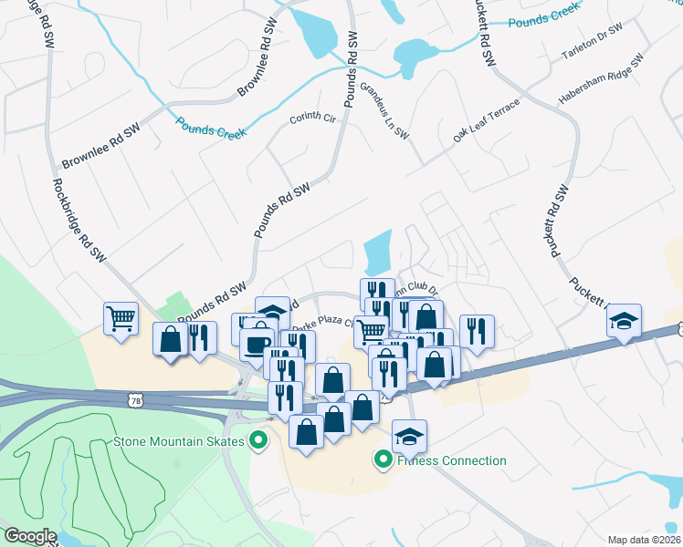 map of restaurants, bars, coffee shops, grocery stores, and more near 4945 Lakebrooke Run in Stone Mountain