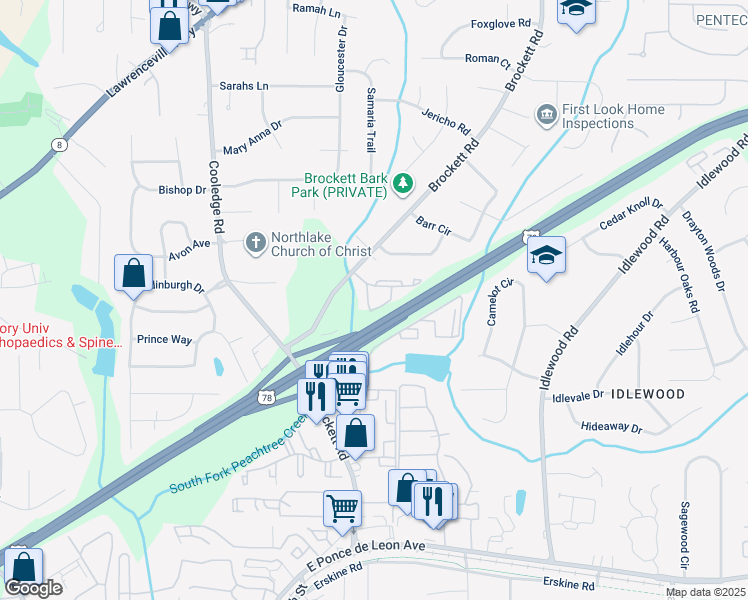 map of restaurants, bars, coffee shops, grocery stores, and more near 3847 Cedar Circle in Tucker