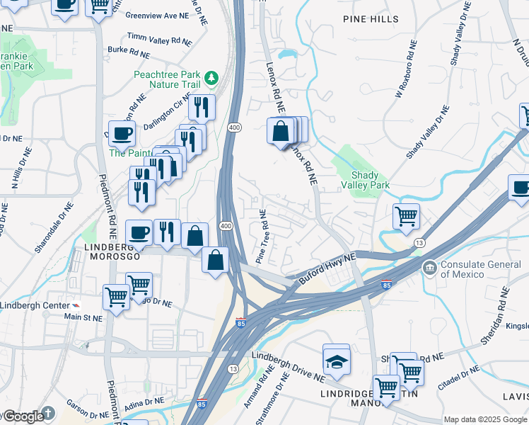 map of restaurants, bars, coffee shops, grocery stores, and more near 2700 Pine Tree Road Northeast in Atlanta