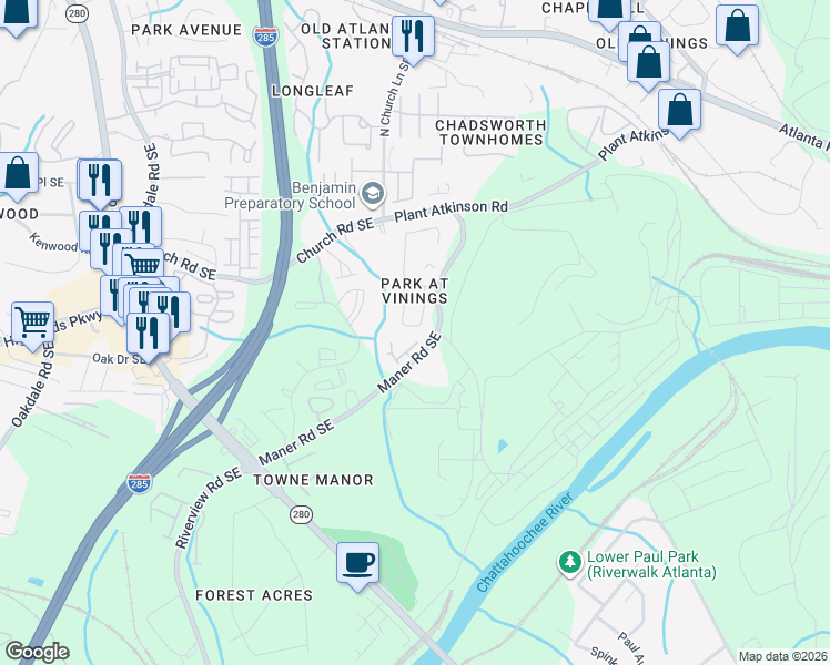 map of restaurants, bars, coffee shops, grocery stores, and more near 2564 Alvecot Circle Southeast in Atlanta