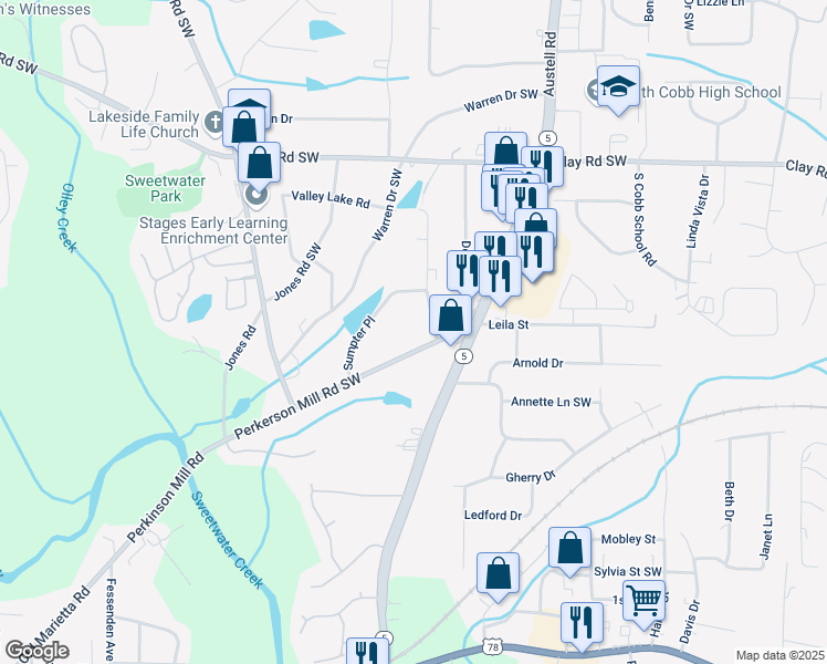 map of restaurants, bars, coffee shops, grocery stores, and more near 2130 Perkerson Mill Road Southwest in Austell