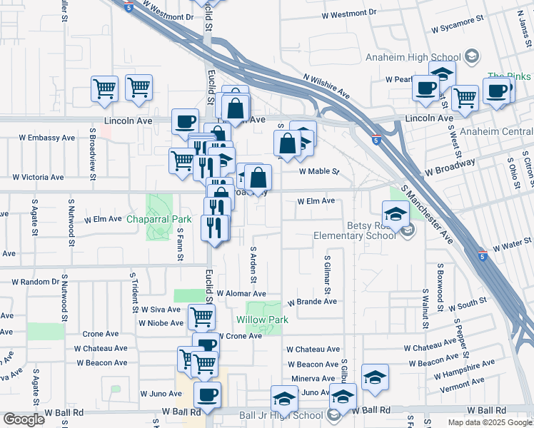 map of restaurants, bars, coffee shops, grocery stores, and more near 1600 West Broadway in Anaheim
