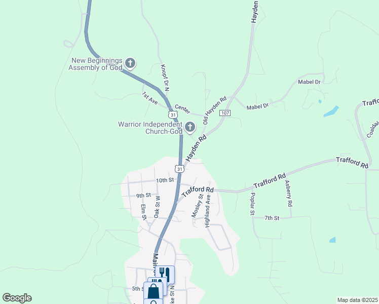 map of restaurants, bars, coffee shops, grocery stores, and more near 1117 Hayden Road in Warrior