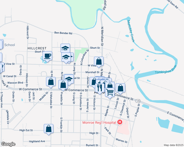 map of restaurants, bars, coffee shops, grocery stores, and more near 201 Marshall Street in Aberdeen