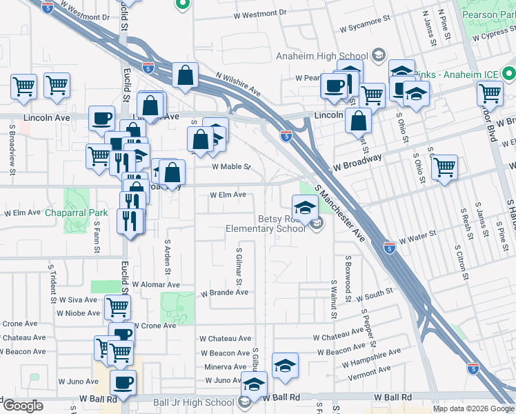 map of restaurants, bars, coffee shops, grocery stores, and more near 380 South Gilbuck Drive in Anaheim