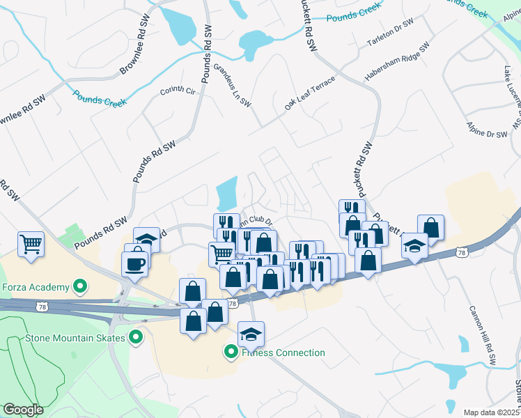 map of restaurants, bars, coffee shops, grocery stores, and more near Park Way SW in Stone Mountain