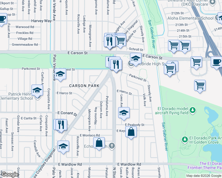 map of restaurants, bars, coffee shops, grocery stores, and more near 3903 North Studebaker Road in Long Beach