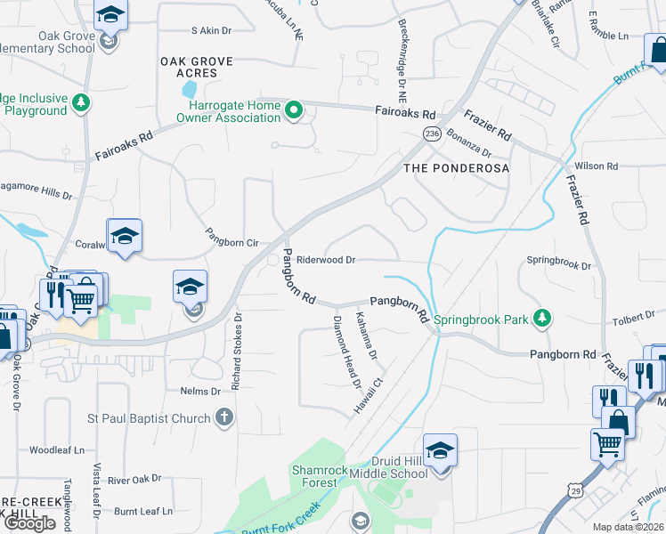 map of restaurants, bars, coffee shops, grocery stores, and more near 2721 Riderwood Drive in Decatur