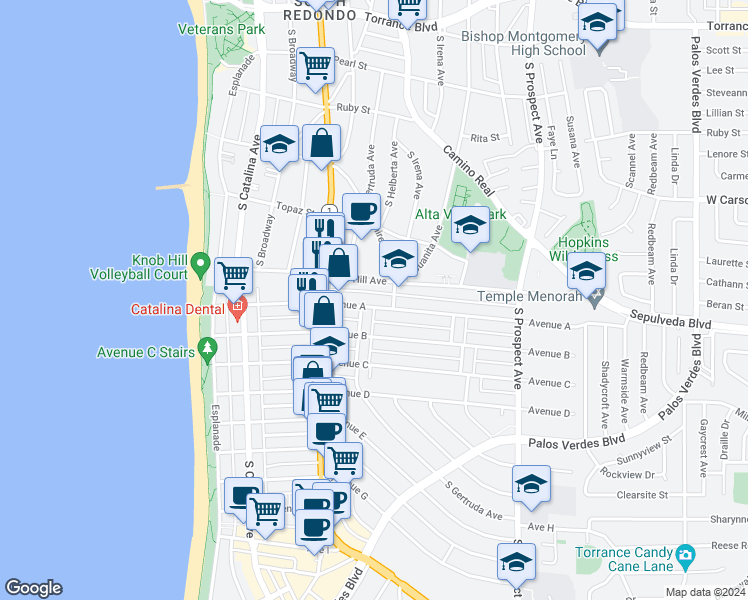 map of restaurants, bars, coffee shops, grocery stores, and more near 613 Avenue A in Redondo Beach