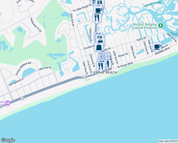 map of restaurants, bars, coffee shops, grocery stores, and more near 214 20th Avenue North in North Myrtle Beach