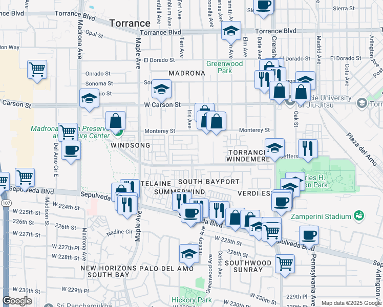 map of restaurants, bars, coffee shops, grocery stores, and more near 2825 Plaza del Amo in Torrance