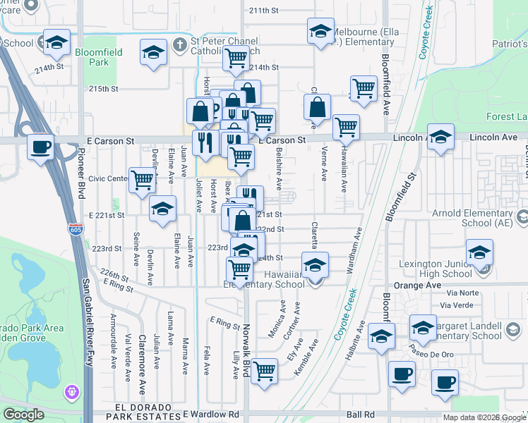 map of restaurants, bars, coffee shops, grocery stores, and more near 12231 221st Street in Hawaiian Gardens