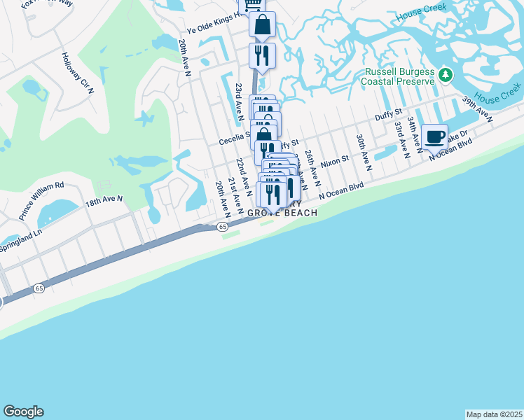 map of restaurants, bars, coffee shops, grocery stores, and more near 2201 Spring Street in North Myrtle Beach