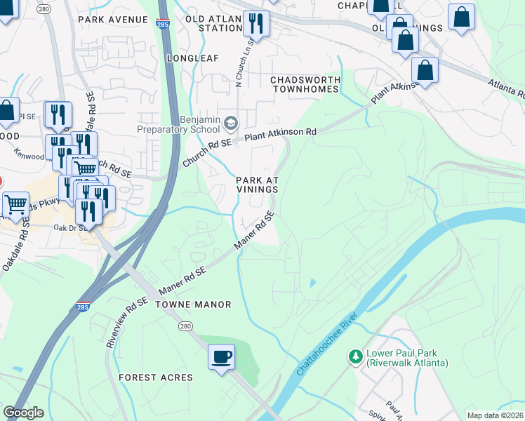 map of restaurants, bars, coffee shops, grocery stores, and more near 2552 Alvecot Circle Southeast in Atlanta