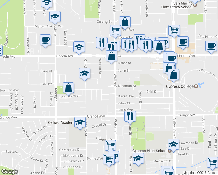 map of restaurants, bars, coffee shops, grocery stores, and more near 9257 Walker Street in Cypress