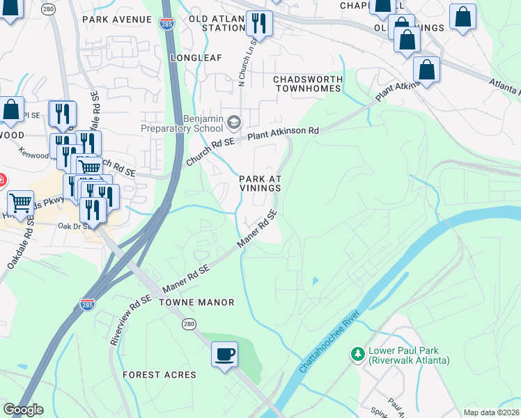 map of restaurants, bars, coffee shops, grocery stores, and more near 2564 Alvecot Circle Southeast in Atlanta