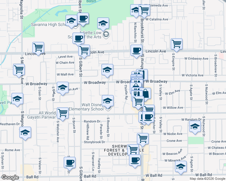map of restaurants, bars, coffee shops, grocery stores, and more near 9291 Greenwich Lane in Anaheim
