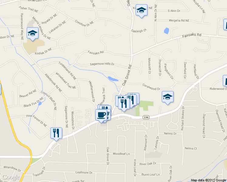 map of restaurants, bars, coffee shops, grocery stores, and more near 2374 Elon Way in Decatur