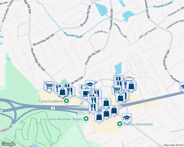 map of restaurants, bars, coffee shops, grocery stores, and more near 5335 Lakebrooke Run in Stone Mountain