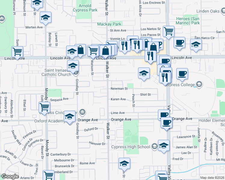 map of restaurants, bars, coffee shops, grocery stores, and more near 5532B Newman Street in Cypress