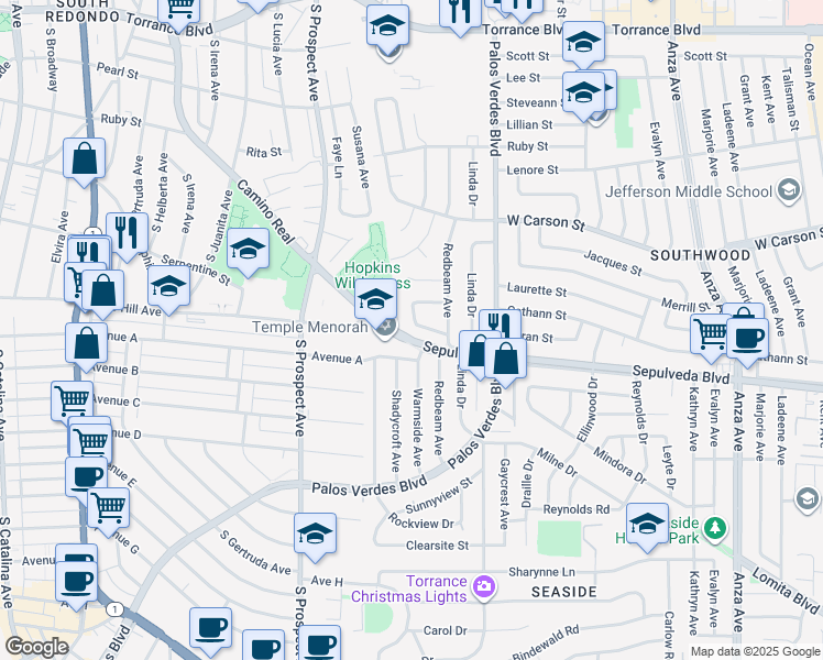 map of restaurants, bars, coffee shops, grocery stores, and more near 5522 Beran Street in Torrance