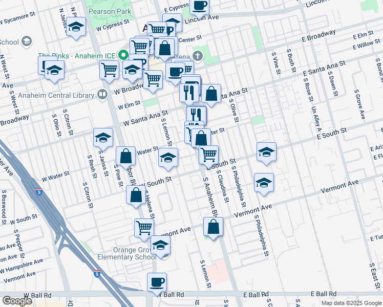 map of restaurants, bars, coffee shops, grocery stores, and more near 631 South Anaheim Boulevard in Anaheim