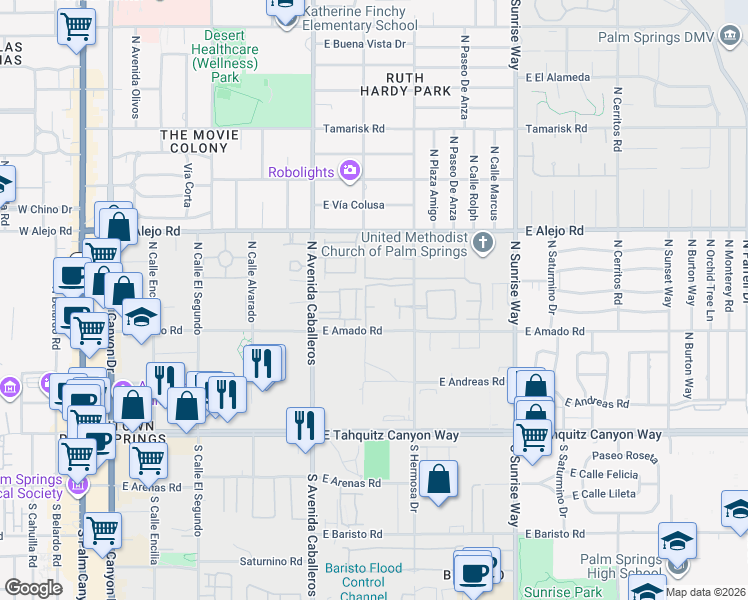 map of restaurants, bars, coffee shops, grocery stores, and more near 1150 East Amado Road in Palm Springs
