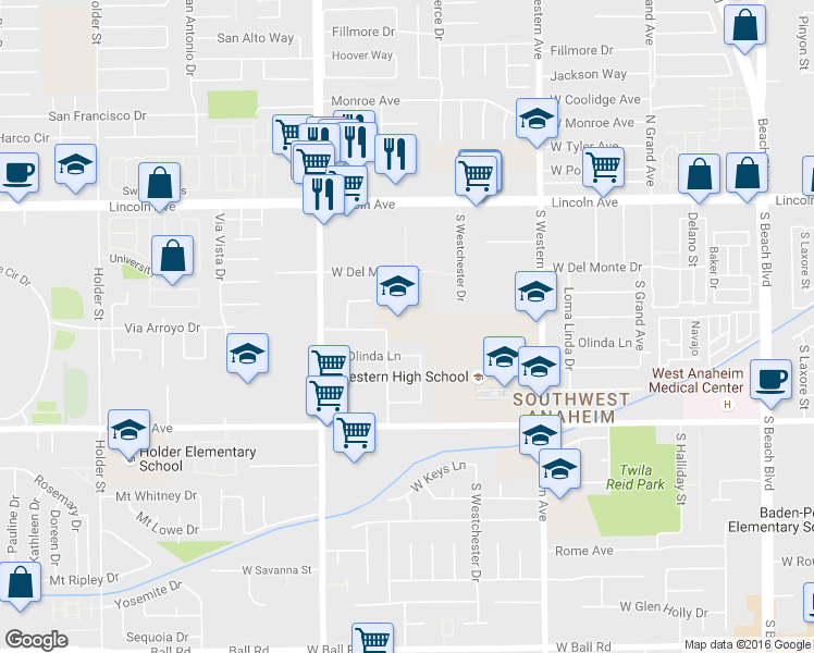 map of restaurants, bars, coffee shops, grocery stores, and more near 330 South Danbrook Drive in Anaheim