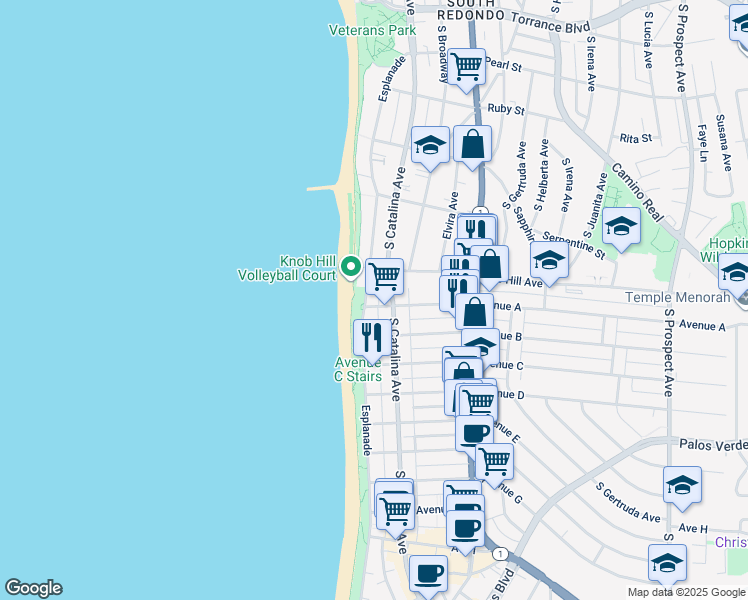 map of restaurants, bars, coffee shops, grocery stores, and more near 813 South Catalina Avenue in Redondo Beach