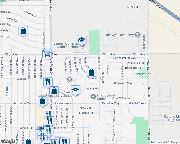 map of restaurants, bars, coffee shops, grocery stores, and more near 69402 Sawgrass Road in Cathedral City