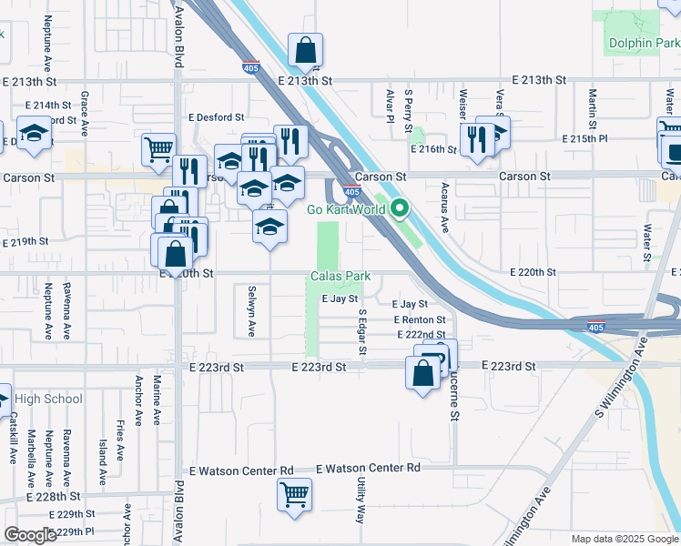 map of restaurants, bars, coffee shops, grocery stores, and more near 1000 East 220th Street in Carson