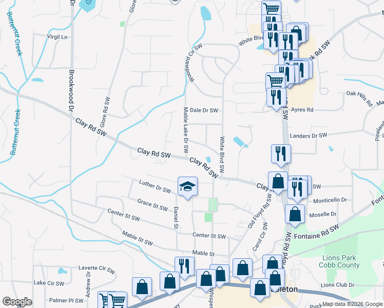 map of restaurants, bars, coffee shops, grocery stores, and more near 5169 Mable Lake Drive Southwest in Mableton