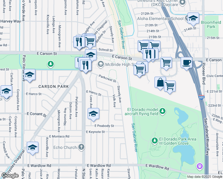 map of restaurants, bars, coffee shops, grocery stores, and more near 3829 Volk Avenue in Long Beach