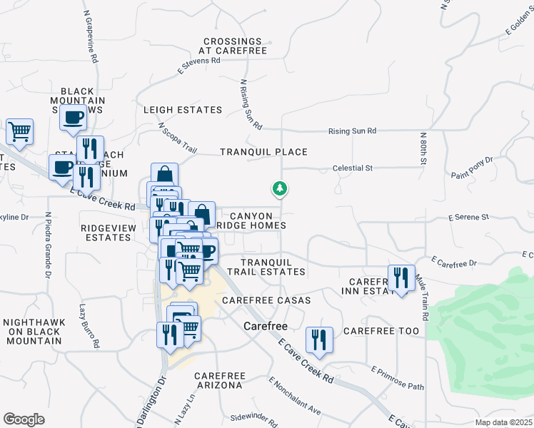 map of restaurants, bars, coffee shops, grocery stores, and more near 7501 East Sundance Trail in Carefree