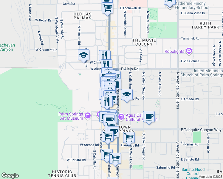map of restaurants, bars, coffee shops, grocery stores, and more near 369 North Palm Canyon Drive in Palm Springs