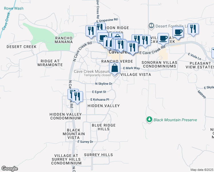 map of restaurants, bars, coffee shops, grocery stores, and more near 6111 North Skyline Drive in Cave Creek
