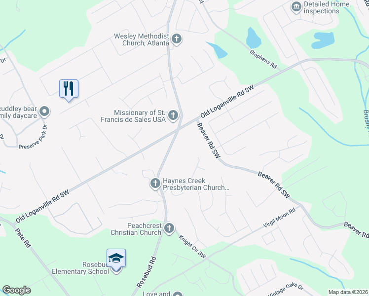 map of restaurants, bars, coffee shops, grocery stores, and more near 3920 Rosebud Road in Loganville