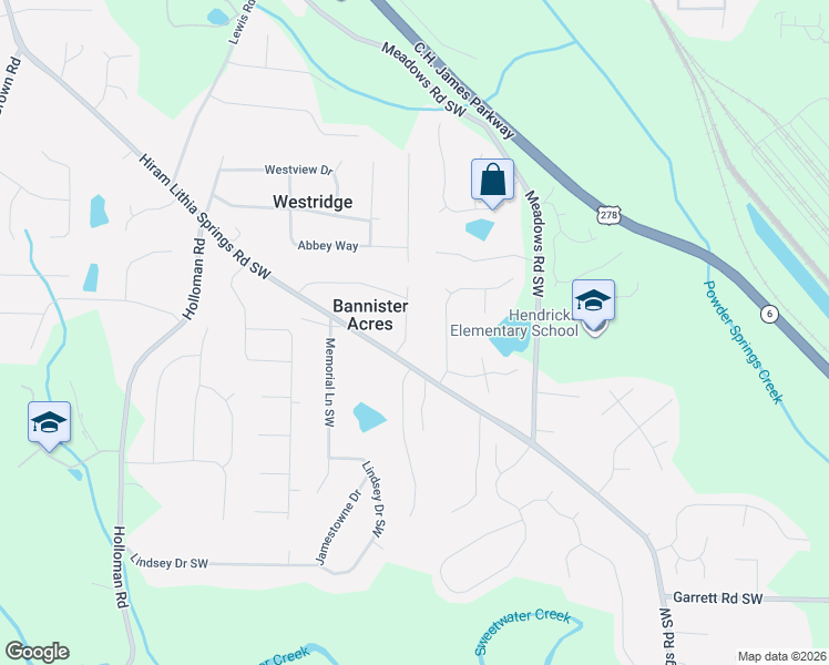 map of restaurants, bars, coffee shops, grocery stores, and more near 5132 Meadows Lake Drive in Powder Springs